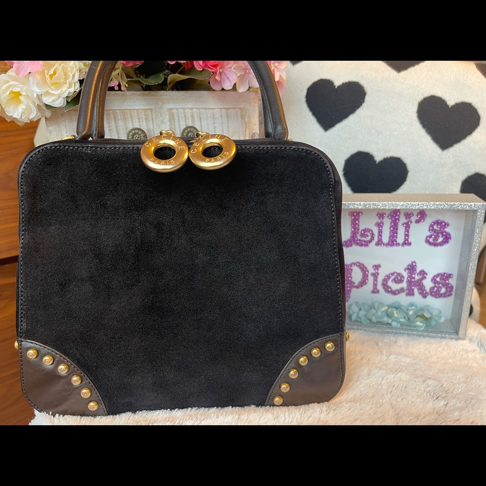 Black suede leather, handbag. Vintage